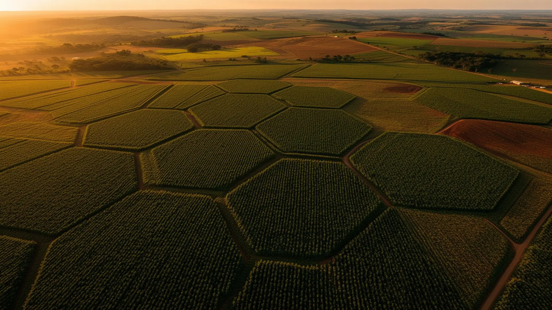Vista aérea de campos agrícolas ao pôr do sol